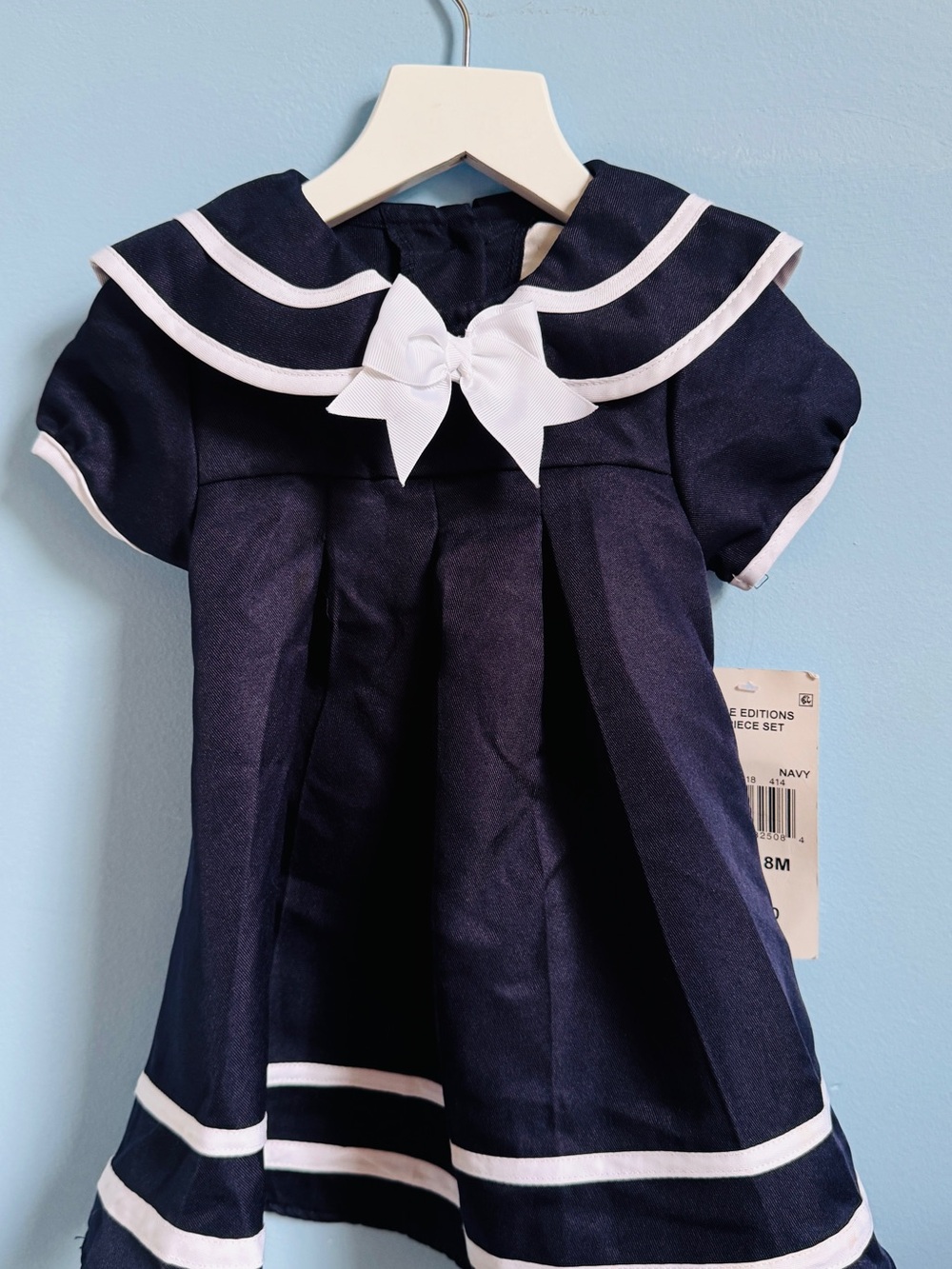 Rare Editions Navy Dress with White Trim and Bow Accent
